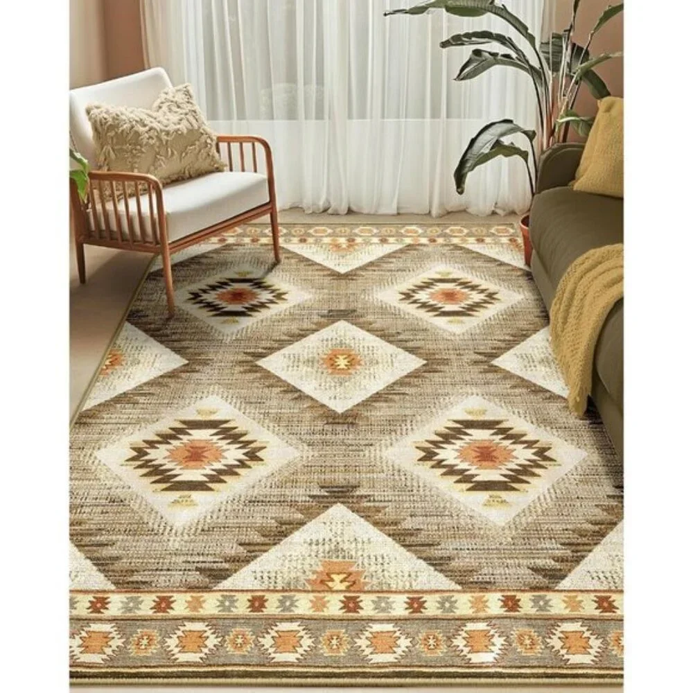 5x7 Cream Camel Rug, Washable Western Print Low Pile Non-Slip Carpet for Home
